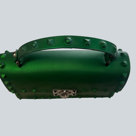 Green Studded Jelly Satchel Top Handle Crossbody Bag Rivet Lock Y2K - Picture 14 of 16